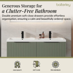 Balterley Fluted Front Wall Hung 2-Drawer Bathroom Vanity Unit With Double Basin, 1200mm, Satin Green, Black Handles - thumbnail 3