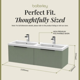 Balterley Fluted Front Wall Hung 2-Drawer Bathroom Vanity Unit With Double Basin, 1200mm, Satin Green, Black Handles - thumbnail 5