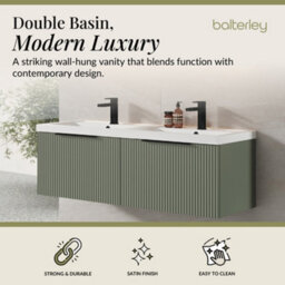 Balterley Fluted Front Wall Hung 2-Drawer Bathroom Vanity Unit With Double Basin, 1200mm, Satin Green, Black Handles - thumbnail 2
