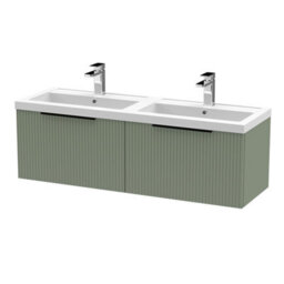 Balterley Fluted Front Wall Hung 2-Drawer Bathroom Vanity Unit With Double Basin, 1200mm, Satin Green, Black Handles