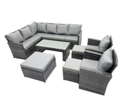 Fimous 11 Seat Poly Rattan Outdoor Patio Oblong Coffee Table Corner Sofa Set With 3 Stools 2 Chairs For Backyard Dark Grey Mixed - thumbnail 1