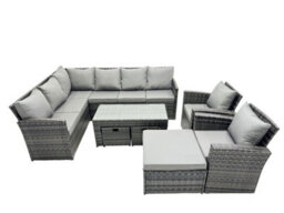 Fimous 11 Seat Poly Rattan Outdoor Patio Oblong Coffee Table Corner Sofa Set With 3 Stools 2 Chairs For Backyard Dark Grey Mixed - thumbnail 2