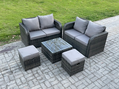Fimous Rattan Sofa Set Outdoor Garden Furniture Set With Square Coffee Table Loveseat Sofa 2 Small Footstool Dark Grey Mixed - image 1