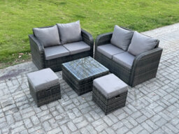 Fimous Rattan Sofa Set Outdoor Garden Furniture Set With Square Coffee Table Loveseat Sofa 2 Small Footstool Dark Grey Mixed - thumbnail 1