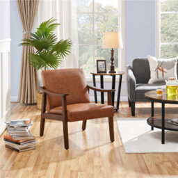 Yaheetech Brown Modern Faux Leather Accent Chair With Solid Wood Legs
