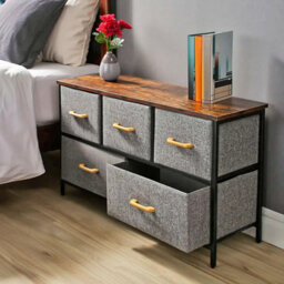 5 Drawer Chest Of Drawers Fabric Storage Unit With Wood Top And Metal Frame Freestanding Bedroom Or Hallway Brown - thumbnail 3