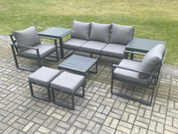 Fimous Aluminium 7 Seater Outdoor Lounge Sofa Set Garden Furniture Sets With Square Coffee Table 2 Chairs 2 Small Footstools - thumbnail 2
