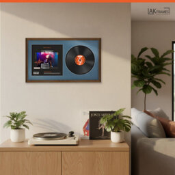 "30X17"" Walnut Classic Vinyl Record Frame With Pompadour Mount For 12 Inch Lp Album Cover & Disc - Ak Frames" - thumbnail 5