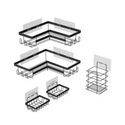 Living And Home 5Pcs Wall Mounted Corner Shower Caddies Black Carbon Steel Bathroom Organizer With Side Hooks - thumbnail 4
