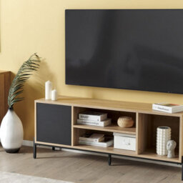 Beliani Tv Stand, Light Wood With Charcoal-Grey Front, Mdf, 1 Door + 3 Shelves, W140 X D40 X H56Cm - thumbnail 2