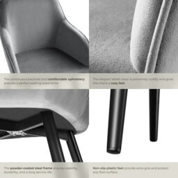 Tectake Set Of 4 Dining Chair Marilyn - With Armrests, Padded, Velvet Look, Black Steel Legs  - Grey/black - thumbnail 5