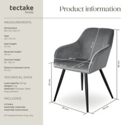 Tectake Set Of 4 Dining Chair Marilyn - With Armrests, Padded, Velvet Look, Black Steel Legs  - Grey/black - thumbnail 6