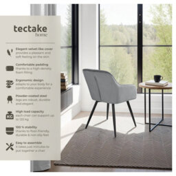Tectake Set Of 4 Dining Chair Marilyn - With Armrests, Padded, Velvet Look, Black Steel Legs  - Grey/black - thumbnail 2
