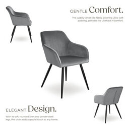 Tectake Set Of 4 Dining Chair Marilyn - With Armrests, Padded, Velvet Look, Black Steel Legs  - Grey/black - thumbnail 3