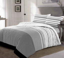 Duvet Cover And Pillowcase Set Stripe Monochrome Design Polycotton Bed Linen Black