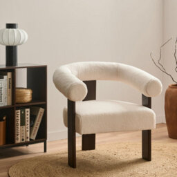 Wyld And Coco Off-White Bouclé Armchair With Rubberwood Legs, Retro Design, W77 X D68 X H76 Cm - thumbnail 2