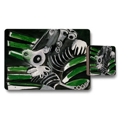 Benjamin Tate Design Abstract Skeleton Creature Placemat And Coaster Set With Green Accents - image 1