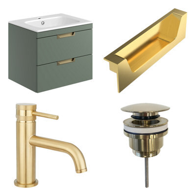 FNX Bathrooms Aurelis 600mm Vanity Unit + Basin Reed Green Reen Range 2 Drawer Wall Mounted Set
