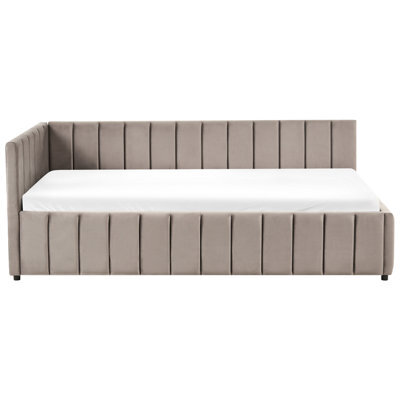 Wyld And Coco Eu Velvet Single Bed Taupe 3Ft - Quilted Vertical Motif, Slatted Base, Wooden Legs - image 1