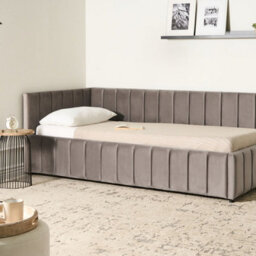 Wyld And Coco Eu Velvet Single Bed Taupe 3Ft - Quilted Vertical Motif, Slatted Base, Wooden Legs - thumbnail 2
