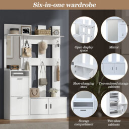 Merax Coat Rack, Hallway Furniture Set With Shoe Cabinet, Mirror, 6 Hooks & Shoe Bench, Coat Stand, 120 X 30 X 180 Cm, White - thumbnail 7