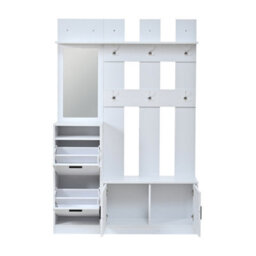 Merax Coat Rack, Hallway Furniture Set With Shoe Cabinet, Mirror, 6 Hooks & Shoe Bench, Coat Stand, 120 X 30 X 180 Cm, White - thumbnail 9