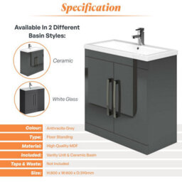 Plum&clay Novela Anthracite Grey Floor Standing Vanity Unit With Ceramic Basin Bathroom Furniture (W)800mm - thumbnail 5
