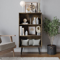 Urbn-Living Urbnliving 110Cm Height 3 Tier Rustic Brown Bookcase Storage Cabinet Scandinavian Style Black Legs Room Display Unit - thumbnail 2