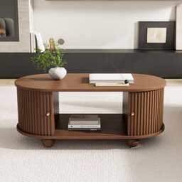 Btm Oval Coffee Table With 2 Sliding Doors, Rounded Corners, Hidden Compartment, Central Open Storage, 100X50X40 Cm, Oak Mdf - thumbnail 4