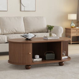 Btm Oval Coffee Table With 2 Sliding Doors, Rounded Corners, Hidden Compartment, Central Open Storage, 100X50X40 Cm, Oak Mdf - thumbnail 5