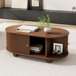 Btm Oval Coffee Table With 2 Sliding Doors, Rounded Corners, Hidden Compartment, Central Open Storage, 100X50X40 Cm, Oak Mdf