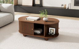 Btm Oval Coffee Table With 2 Sliding Doors, Rounded Corners, Hidden Compartment, Central Open Storage, 100X50X40 Cm, Oak Mdf - thumbnail 6