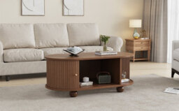 Btm Oval Coffee Table With 2 Sliding Doors, Rounded Corners, Hidden Compartment, Central Open Storage, 100X50X40 Cm, Oak Mdf - thumbnail 7