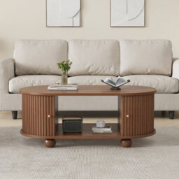 Btm Oval Coffee Table With 2 Sliding Doors, Rounded Corners, Hidden Compartment, Central Open Storage, 100X50X40 Cm, Oak Mdf - thumbnail 2
