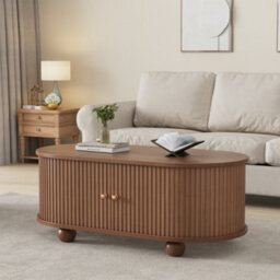 Btm Oval Coffee Table With 2 Sliding Doors, Rounded Corners, Hidden Compartment, Central Open Storage, 100X50X40 Cm, Oak Mdf - thumbnail 3