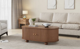 Btm Oval Coffee Table With 2 Sliding Doors, Rounded Corners, Hidden Compartment, Central Open Storage, 100X50X40 Cm, Oak Mdf - thumbnail 8