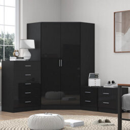 Reflect 2 Door Corner Wardrobe, 5 Drawer Chest, 2X 2 Drawer Bedsides - Black Gloss & Black Oak - Bedroom Furniture Set - thumbnail 1