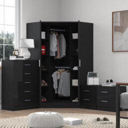 Reflect 2 Door Corner Wardrobe, 5 Drawer Chest, 2X 2 Drawer Bedsides - Black Gloss & Black Oak - Bedroom Furniture Set - thumbnail 2