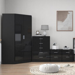 Reflect 2 Door Corner Wardrobe, 5 Drawer Chest, 2X 2 Drawer Bedsides - Black Gloss & Black Oak - Bedroom Furniture Set - thumbnail 3