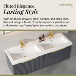 Balterley Fluted Front Wall Hung 2-Drawer Bathroom Vanity Unit With Double Basin, 1200mm, Satin Dark Grey, Brushed Brass Handles - thumbnail 4