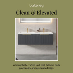 Balterley Fluted Front Wall Hung 2-Drawer Bathroom Vanity Unit With Double Basin, 1200mm, Satin Dark Grey, Brushed Brass Handles - thumbnail 7