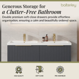 Balterley Fluted Front Wall Hung 2-Drawer Bathroom Vanity Unit With Double Basin, 1200mm, Satin Dark Grey, Brushed Brass Handles - thumbnail 3