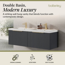 Balterley Fluted Front Wall Hung 2-Drawer Bathroom Vanity Unit With Double Basin, 1200mm, Satin Dark Grey, Brushed Brass Handles - thumbnail 2