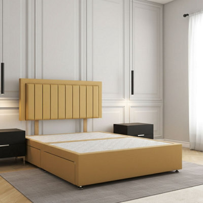REGIONAL FURNISHINGS Mustard Plush Velvet Divan Bed Set Upholstered 24Inch Headboard & 2Drawers Sameside & No Mattress In 3Ft 4Ft 4Ft6 5Ft 6Ft Sizes - image 1