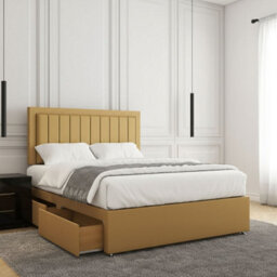 REGIONAL FURNISHINGS Mustard Plush Velvet Divan Bed Set Upholstered 24Inch Headboard & 2Drawers Sameside & No Mattress In 3Ft 4Ft 4Ft6 5Ft 6Ft Sizes - thumbnail 2
