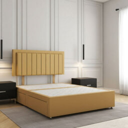 REGIONAL FURNISHINGS Mustard Plush Velvet Divan Bed Set Upholstered 24Inch Headboard & 2Drawers Sameside & No Mattress In 3Ft 4Ft 4Ft6 5Ft 6Ft Sizes