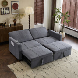 Abrihome King Size Fabric Sofa Bed (207Cm), Pull-Out Design With Cup Holders & Side Pockets, Multi-Functional Lounge Chair, Grey