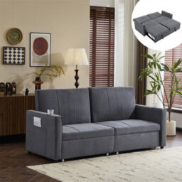 Abrihome King Size Fabric Sofa Bed (207Cm), Pull-Out Design With Cup Holders & Side Pockets, Multi-Functional Lounge Chair, Grey - thumbnail 3