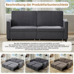 Abrihome King Size Fabric Sofa Bed (207Cm), Pull-Out Design With Cup Holders & Side Pockets, Multi-Functional Lounge Chair, Grey - thumbnail 5