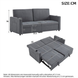 Abrihome King Size Fabric Sofa Bed (207Cm), Pull-Out Design With Cup Holders & Side Pockets, Multi-Functional Lounge Chair, Grey - thumbnail 7